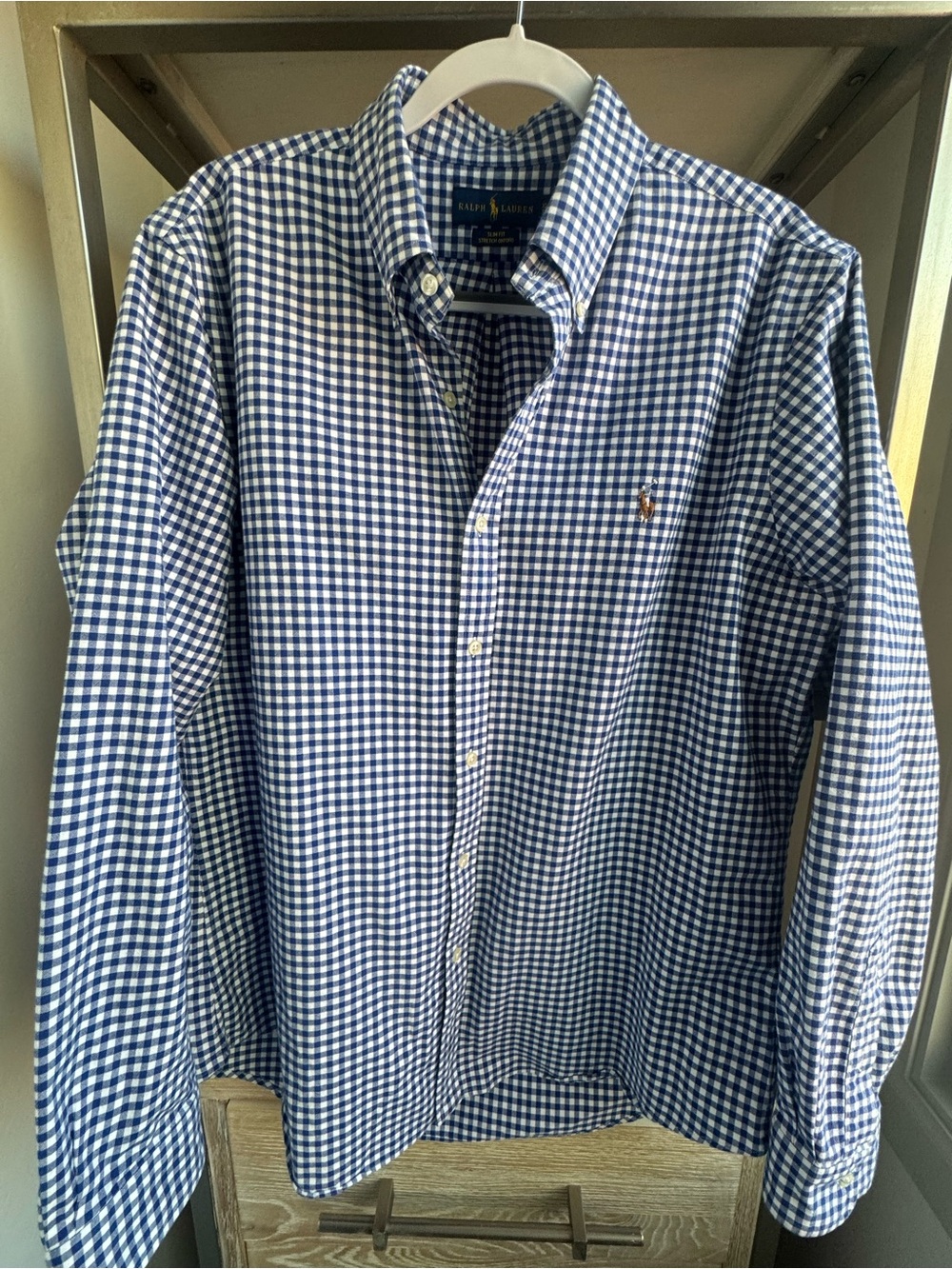 Ralph Lauren Men's Blue and White Gingham Button-Down Slim Fit Shirt